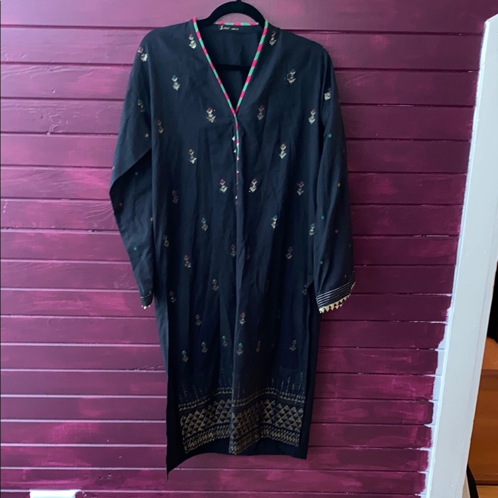 J. Pret | Black Kurti with Embroidery Gold Multicolored Trim